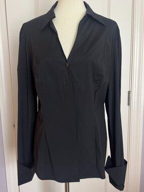 Rena Lange Black Satin Sheen V-Neck Blouse Sz 12